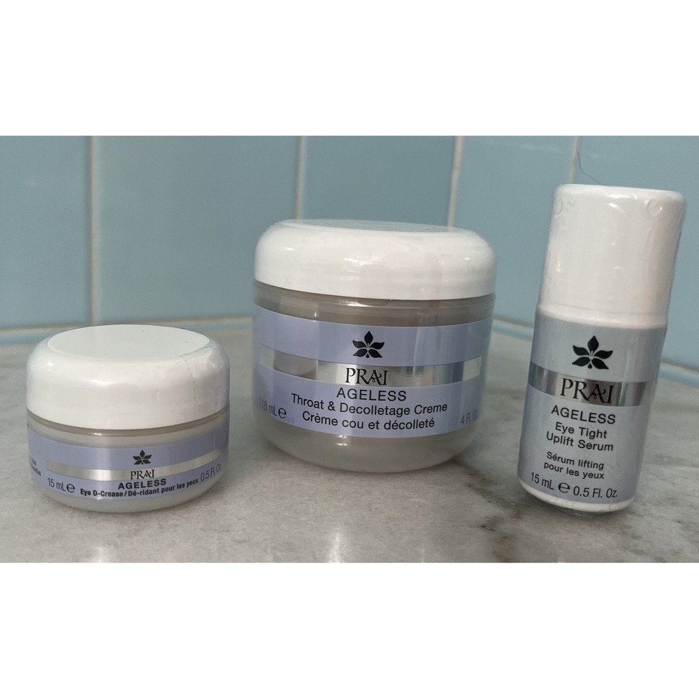 PRAI Ageless Skincare Set of 3‎ NOS Throat & Décolletage Cream + 2 Eye Creams